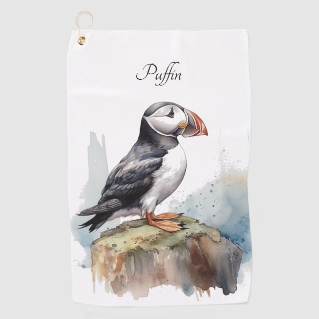 Puffin on a Rock Watercolor, custom Golf Towel (Front)