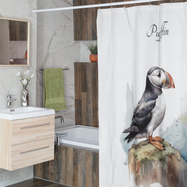 Puffin on a Rock Watercolor, custom Shower Curtain (Creator Uploaded)