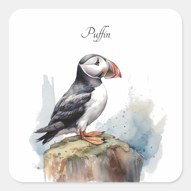 Puffin on a Rock Watercolor, custom Square Sticker (Front)
