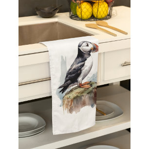 Puffin on a Rock Watercolor, custom Tea Towel