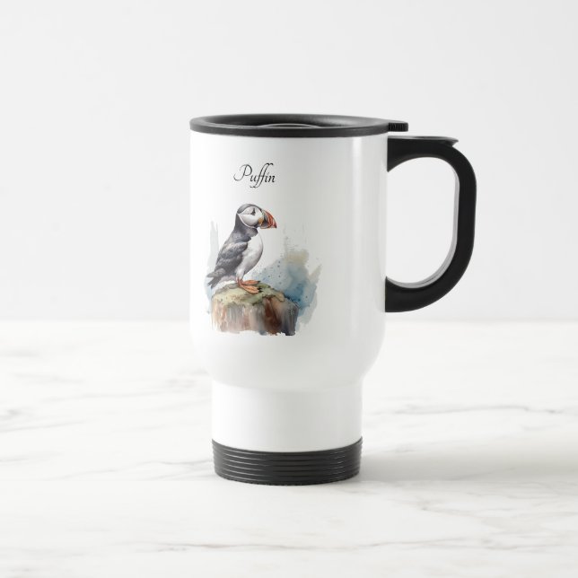 Puffin on a Rock Watercolor, custom Travel Mug (Right)