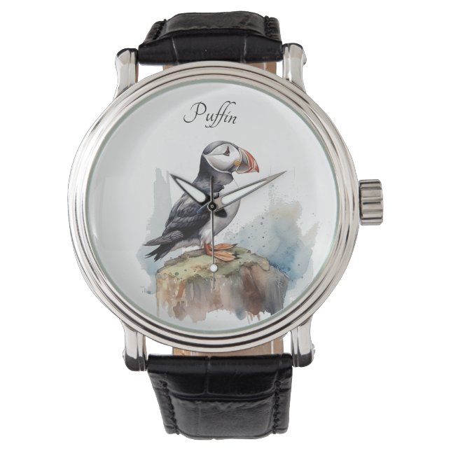 Puffin on a Rock Watercolor, custom Watch (Front)
