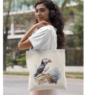 Puffin on a Rock Watercolor Tote Bag