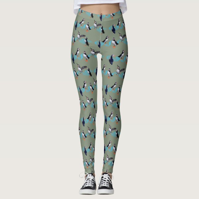 Puffin Party Leggings (Green) (Front)