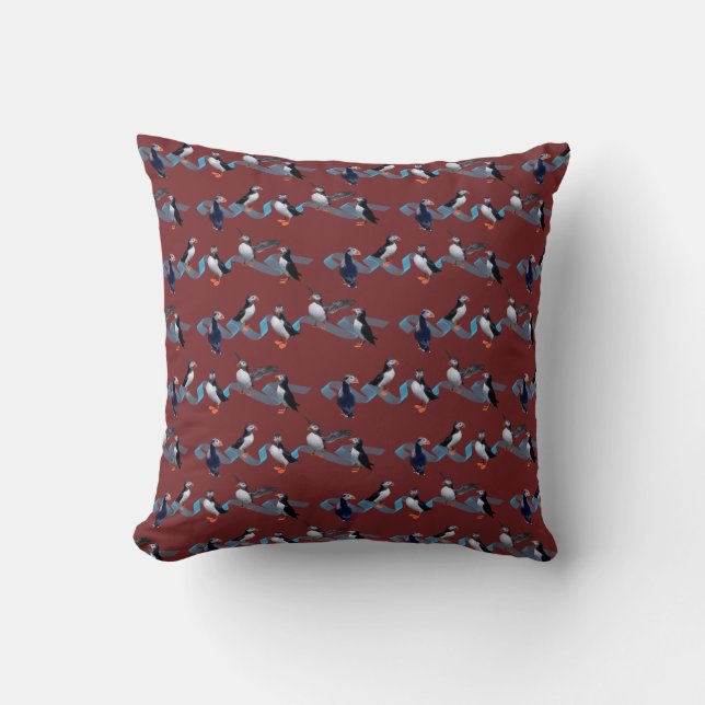 Puffin Party Pillow (Burgundy) (Front)