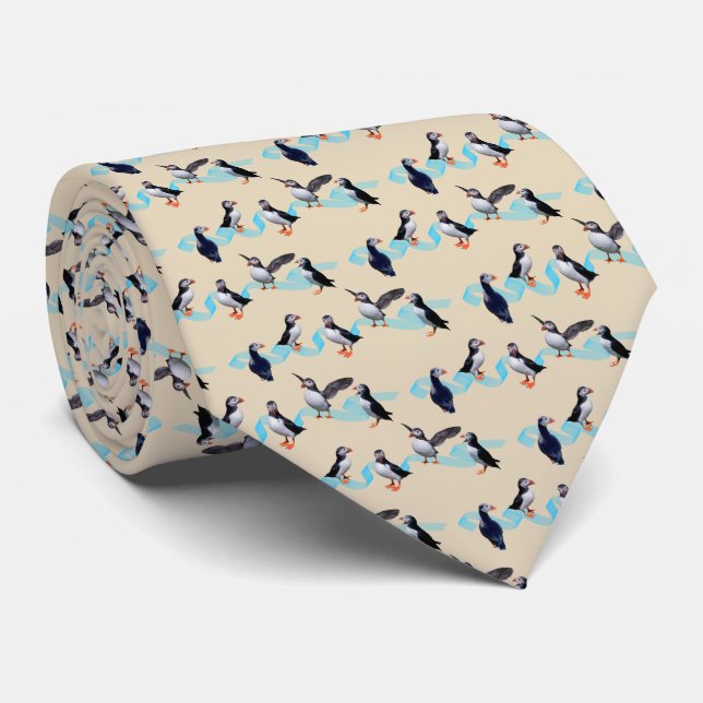 Puffin Party Tie Double Sided Print (Cream) (Rolled)