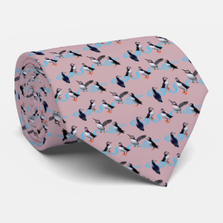 Puffin Party Tie Double Sided Print (Dusty Pink)