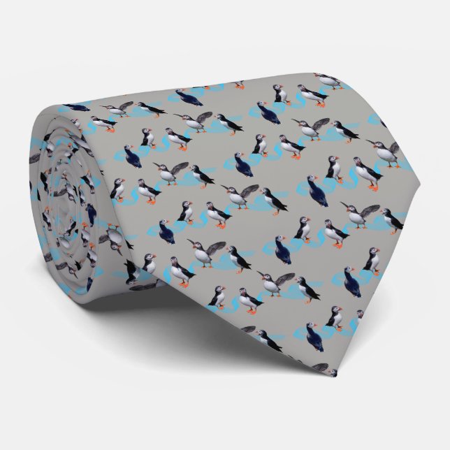 Puffin Party Tie Double Sided Print (Grey) (Rolled)