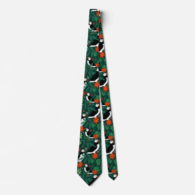 Puffin Pattern Lush Green Tie (Front)