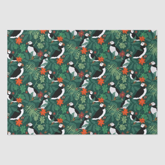Puffin Pattern Lush Green Tissue Paper (Front)