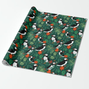 Puffin Pattern Lush Green Wrapping Paper