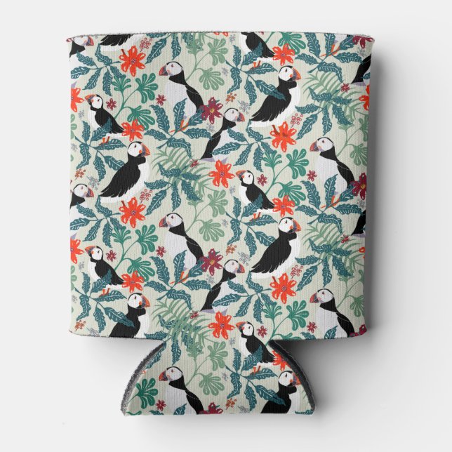 Puffin Pattern Warm Beige Can Cooler (Front)