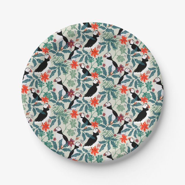 Puffin Pattern Warm Beige Paper Plate (Front)