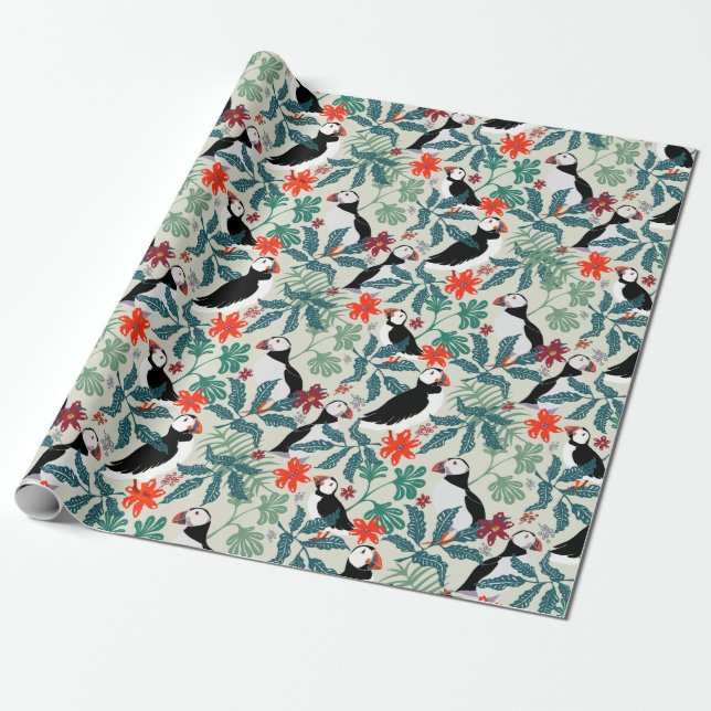 Puffin Pattern Warm Beige Wrapping Paper (Unrolled)