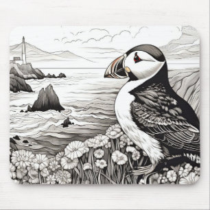 Puffin Peaceful Nature Cliff Sketch Drawing Style Mouse Mat