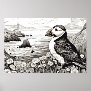 Puffin Peaceful Nature Cliff Sketch Drawing Style Poster