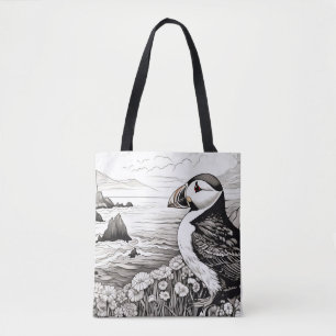 Puffin Peaceful Nature Cliff Sketch Drawing Style Tote Bag