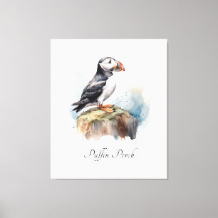 Puffin Perch Coastal Cottage Art Canvas Print