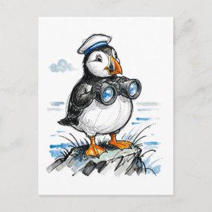 Puffin Scouting Horizon with Binoculars Ink Illust Postcard