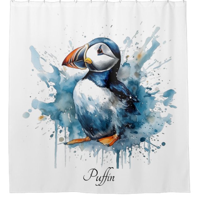 Puffin Splash, custom Shower Curtain (Front)