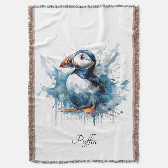 Puffin Splash, custom Throw Blanket (Front Vertical)