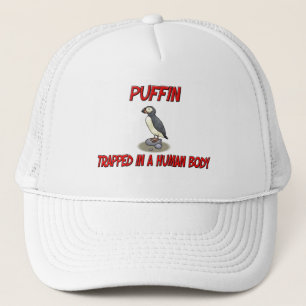 Puffin trapped in a human body trucker hat
