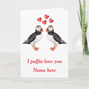 Puffin Valentine with hearts Holiday Card
