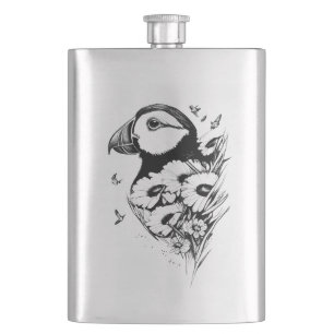 Puffin Wild Animal Nature Illustration Art Tattoo Hip Flask