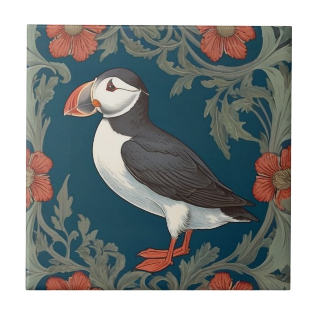 Puffin William Morris style Left Sea Marine Bird Tile (Front)