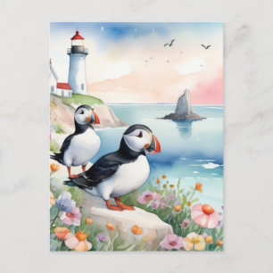 Puffins by the Sea - Ocean Flowers & Lighthouse Postcard