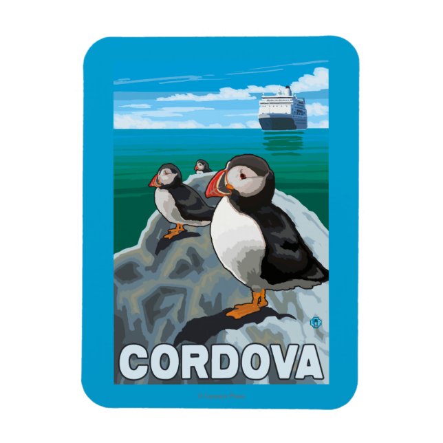 Puffins & Cruise Ship - Cordova, Alaska Magnet (Vertical)