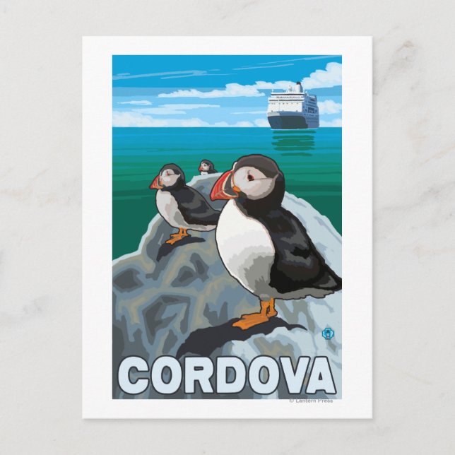 Puffins & Cruise Ship - Cordova, Alaska Postcard (Front)
