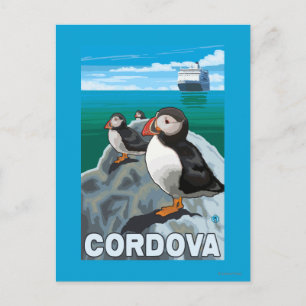 Puffins & Cruise Ship - Cordova, Alaska Postcard