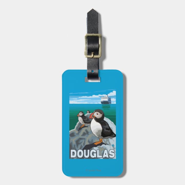 Puffins & Cruise Ship - Douglas, Alaska Luggage Tag (Front Vertical)