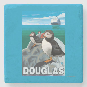 Puffins & Cruise Ship - Douglas, Alaska Stone Coaster