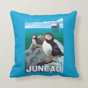 Puffins & Cruise Ship - Juneau, Alaska Cushion
