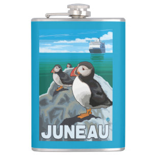 Puffins & Cruise Ship - Juneau, Alaska Hip Flask