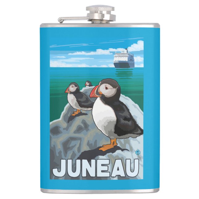 Puffins & Cruise Ship - Juneau, Alaska Hip Flask (Front)