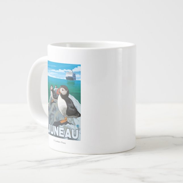 Puffins & Cruise Ship - Juneau, Alaska Large Coffee Mug (Front Left)
