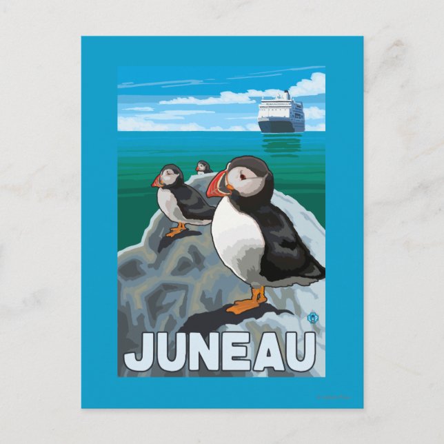 Puffins & Cruise Ship - Juneau, Alaska Postcard (Front)