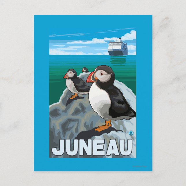 Puffins & Cruise Ship - Juneau, Alaska Postcard (Front)