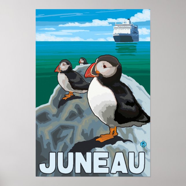 Puffins & Cruise Ship - Juneau, Alaska Poster (Front)