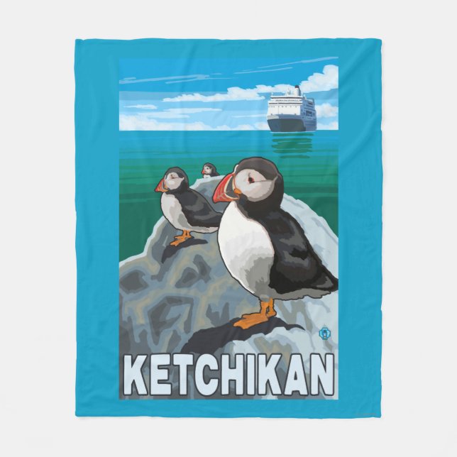 Puffins & Cruise Ship - Ketchikan, Alaska Fleece Blanket (Front)