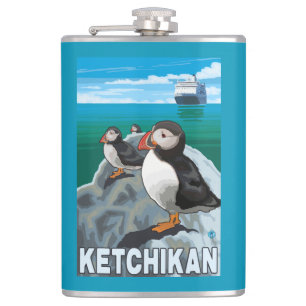Puffins & Cruise Ship - Ketchikan, Alaska Hip Flask