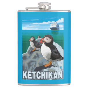 Puffins & Cruise Ship - Ketchikan, Alaska Hip Flask
