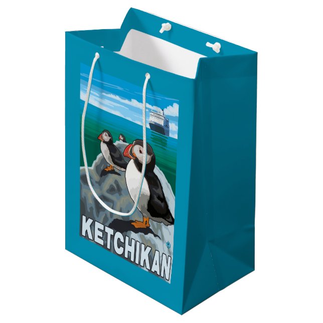 Puffins & Cruise Ship - Ketchikan, Alaska Medium Gift Bag (Front Angled)