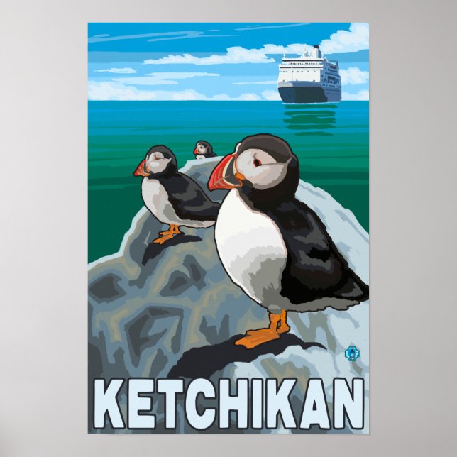Puffins & Cruise Ship - Ketchikan, Alaska Poster (Front)