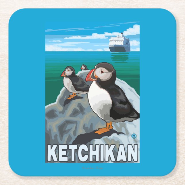 Puffins & Cruise Ship - Ketchikan, Alaska Square Paper Coaster (Front)