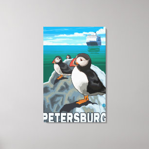 Puffins & Cruise Ship - Petersburg, Alaska Canvas Print