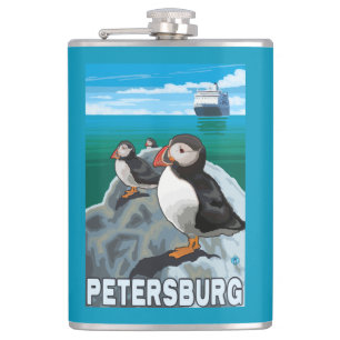 Puffins & Cruise Ship - Petersburg, Alaska Hip Flask